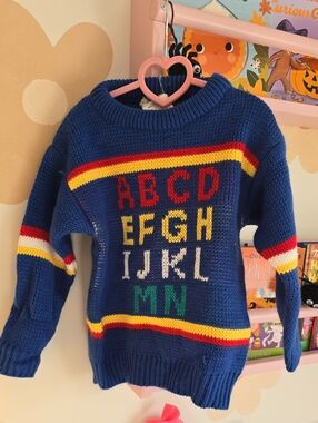 Vintage Kids ABC Alphabet Knit Sweater Blue Rainbow Stripes Retro